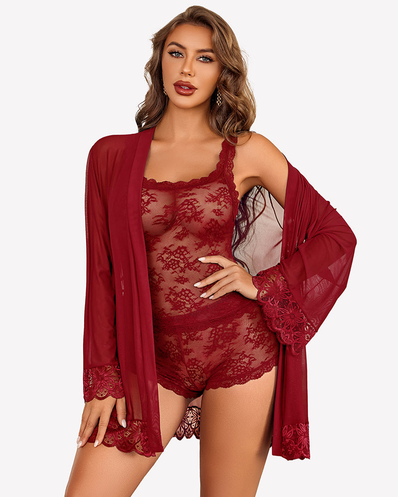Red floral lace cami and shorts with sheer robe, tied at waist