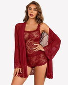 Red floral lace cami and shorts with sheer robe, tied at waist