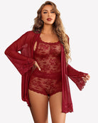 Red floral lace cami and shorts with matching sheer robe lingerie set
