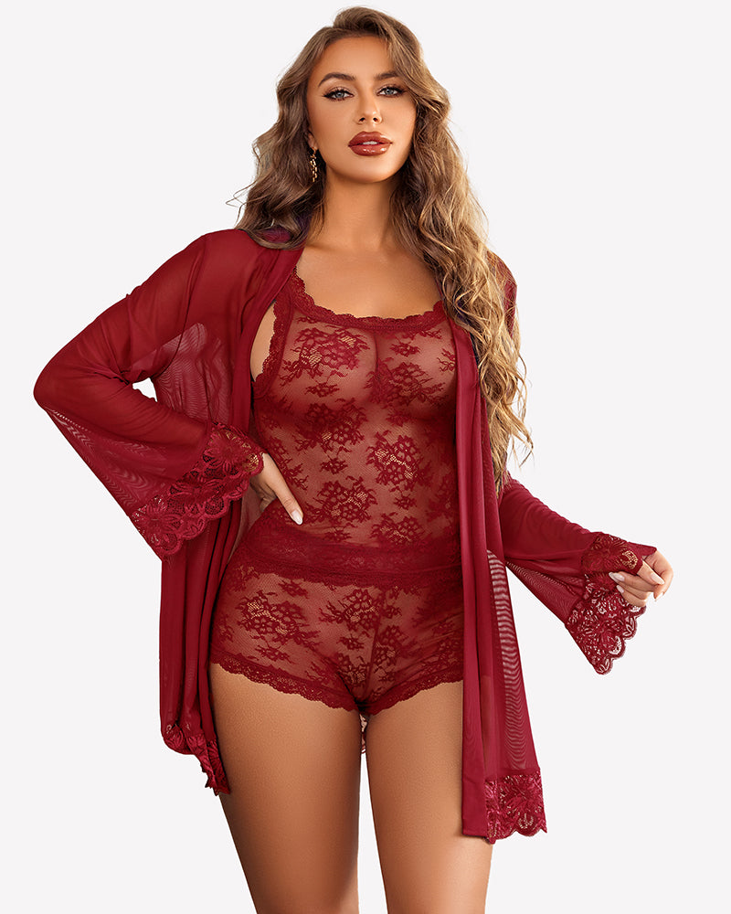 Red floral lace cami and shorts with matching sheer robe lingerie set