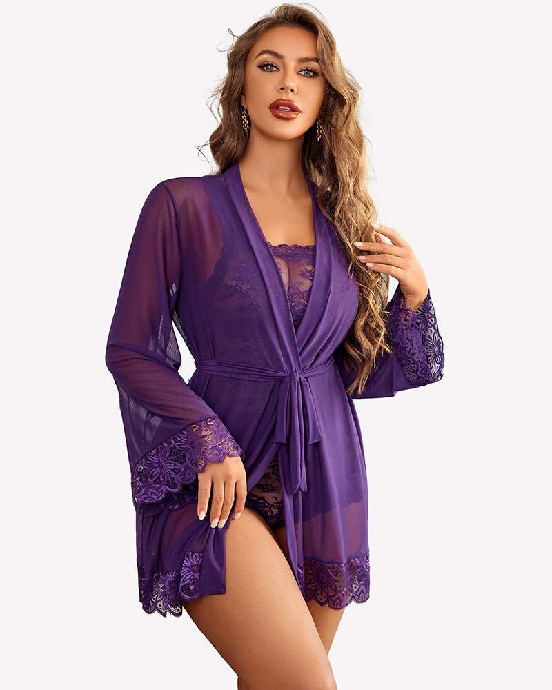 Floral lace lingerie set with robe, purple sheer wrap robe over lace cami bodysuit.