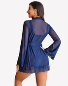 Floral lace robe with tie waist and lace cuffs, blue sheer overlay with ruffled hem.