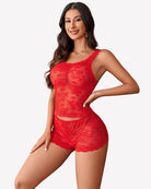 Floral lace cami and shorts lingerie set in red, sleeveless top with high-cut legs.