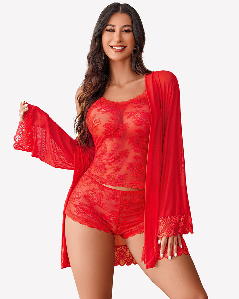Floral lace lingerie set with robe, red sheer long sleeve robe over matching lace cami shorts.