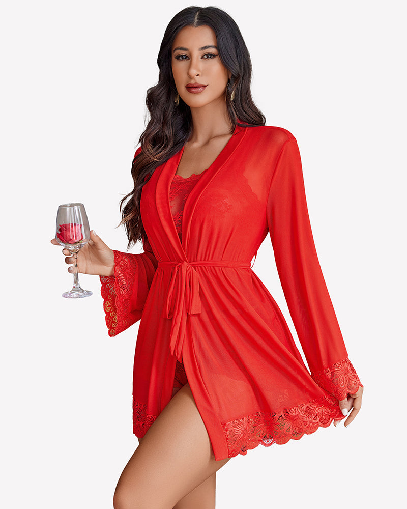 Red floral lace cami set with matching robe, tie-waist bodice and scalloped trim