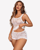 White floral lace cami and shorts set, scalloped neckline and lace trim