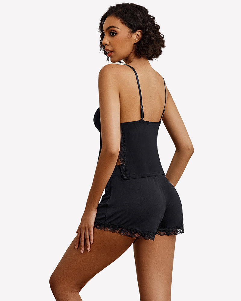 Black lace-trim cami and shorts pajama set, open back with lace hem