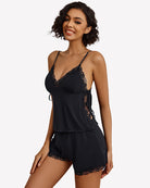 Black lace-trim cami and shorts pajama set with lace neckline and hem
