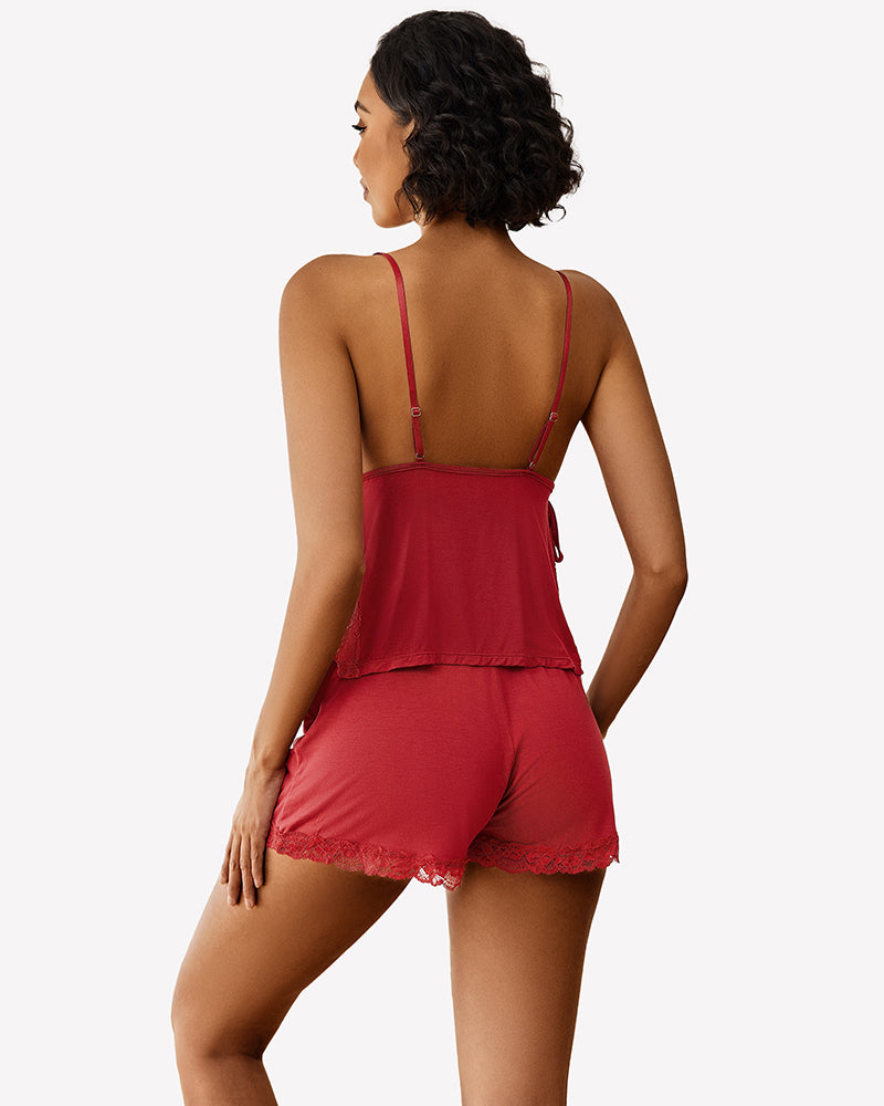 Red lace-trim cami and shorts pajama set, open back with scalloped lace trim