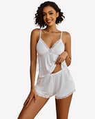 White lace-trim cami and shorts pajama set with V-neck lace cups and scalloped lace hem
