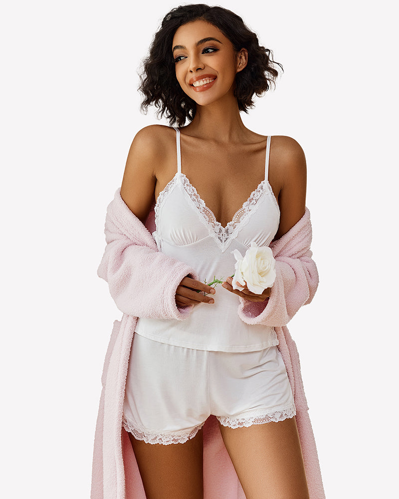 White lace-trim cami and shorts pajama set with thin straps and scalloped lace trim