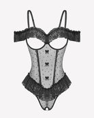Black lace underwire bodysuit with off-shoulder ruffle trim, sheer mesh and bow motif