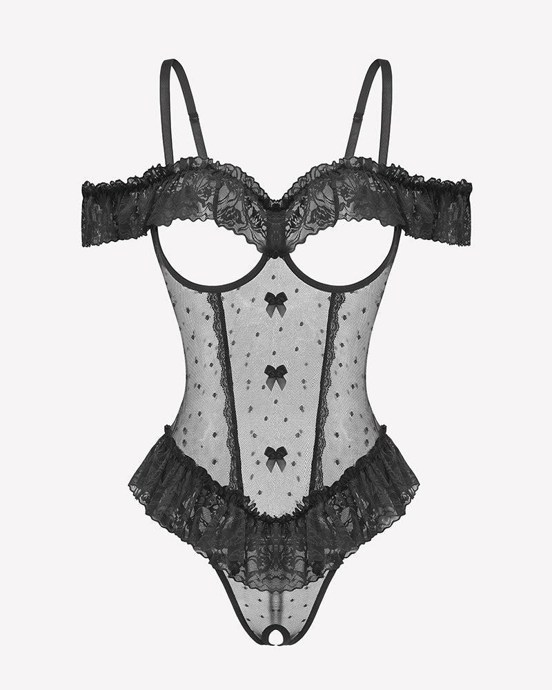 Black lace underwire bodysuit with off-shoulder ruffle trim, sheer mesh and bow motif