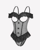 Black sheer lace bodysuit with off-shoulder ruffle trim and bow-pattern mesh front