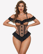 Black lace bodysuit with V-neck and ruffle trim, sheer mesh panels and bow accents