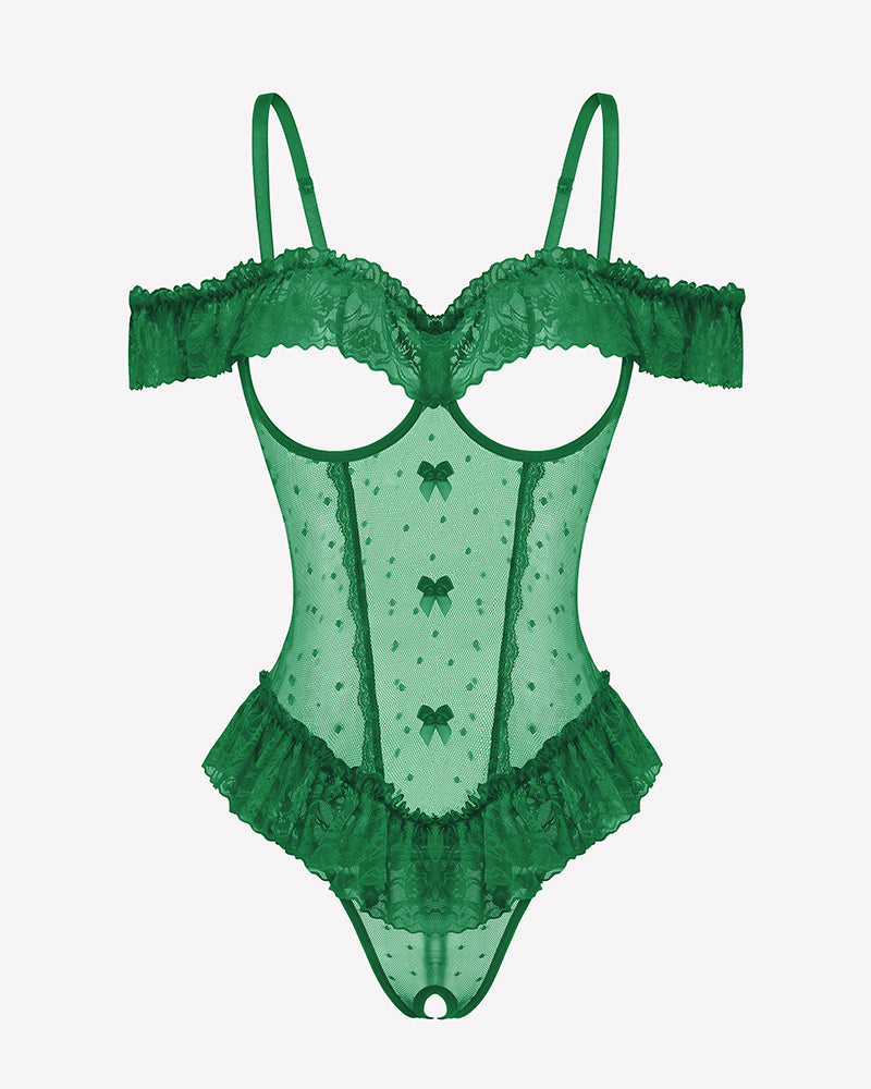 Green lace ruffle v-neck bodysuit with off-shoulder frill and sheer mesh overlay