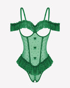 Green lace ruffle v-neck bodysuit with off-shoulder frill and sheer mesh overlay