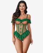 Green lace ruffle v-neck bodysuit with sheer mesh panels and off-shoulder frill