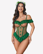 Green lace bodysuit with off-shoulder ruffle trim, sheer mesh front and bow accents