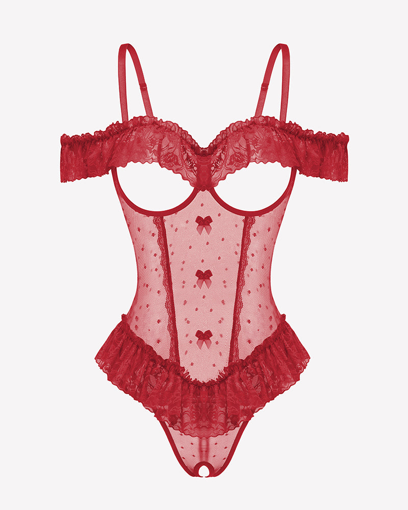Red lace ruffle v-neck bodysuit with sheer mesh panels and off-shoulder frill