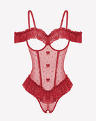 Red lace ruffle v-neck bodysuit with sheer mesh panels and off-shoulder frill
