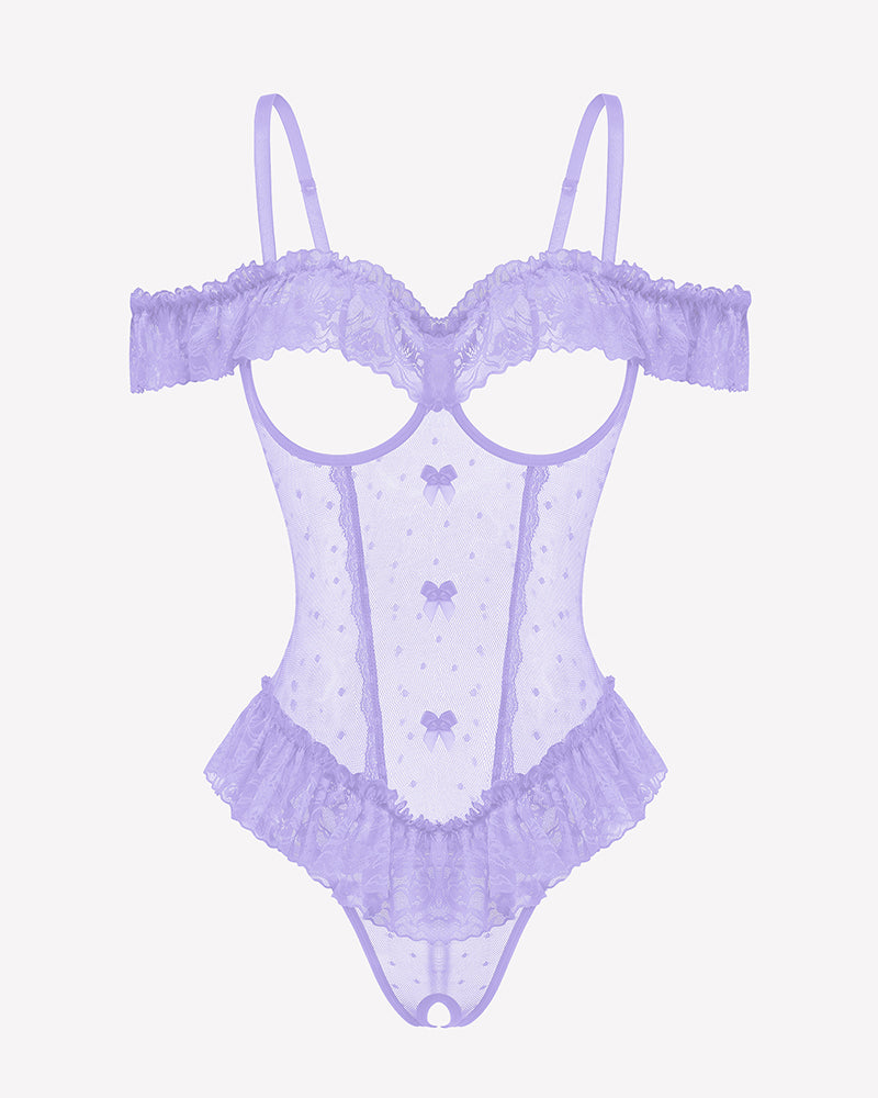 Lilac lace ruffle v-neck bodysuit with sheer mesh panels and off-shoulder frill