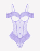Lilac lace ruffle v-neck bodysuit with sheer mesh panels and off-shoulder frill