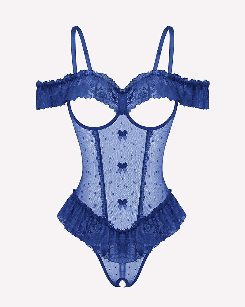 Blue v-neck lace ruffle bodysuit with off-shoulder trim and cheeky bottom
