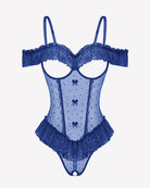 Blue v-neck lace ruffle bodysuit with off-shoulder trim and cheeky bottom