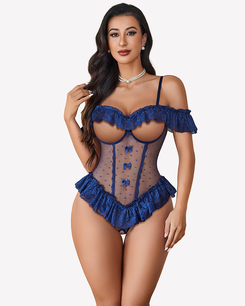 Blue lace ruffle v-neck bodysuit with sheer mesh front and off-shoulder frill
