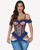 Blue v-neck lace bodysuit with ruffle trim, mesh panels, and adjustable straps