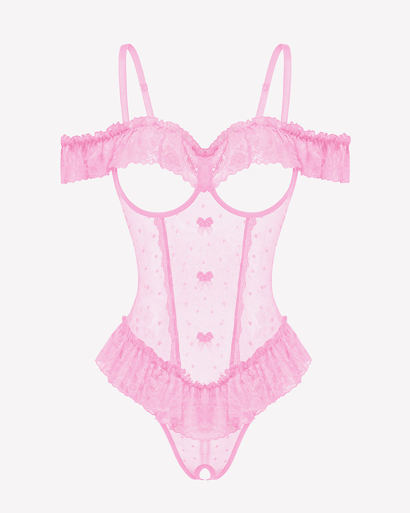 Pink v-neck lace ruffle bodysuit with off-shoulder trim and thong cut