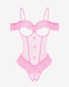 Pink v-neck lace ruffle bodysuit with off-shoulder trim and thong cut