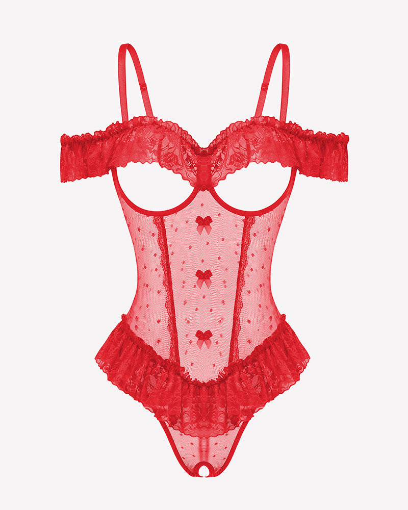 Red v-neck lace ruffle bodysuit with off-shoulder trim and cheeky thong