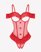 Red v-neck lace ruffle bodysuit with off-shoulder trim and cheeky thong