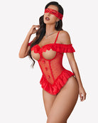 Red lace v-neck bodysuit with off-shoulder ruffles, mesh front, and thong cut