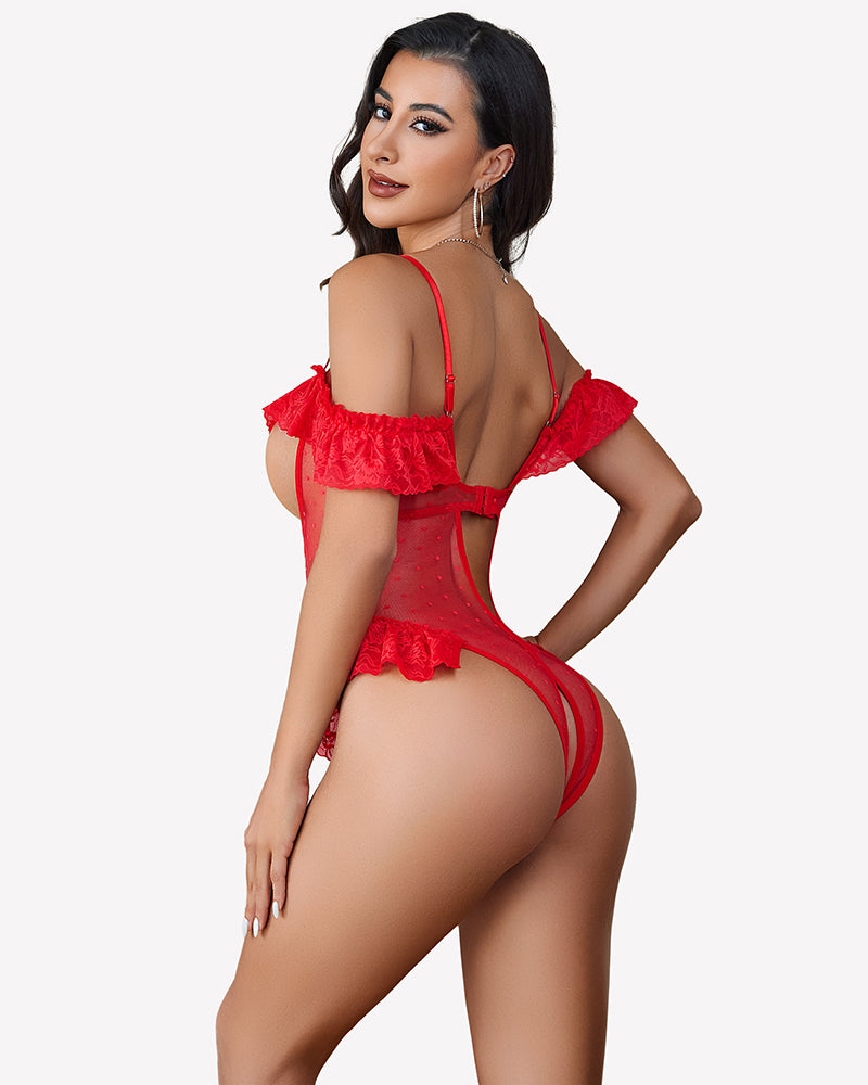 Red lace v-neck bodysuit with ruffle off-shoulder and open-back strappy design