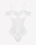 White lace lingerie bodysuit with V-neck, ruffled straps, and brief bottom