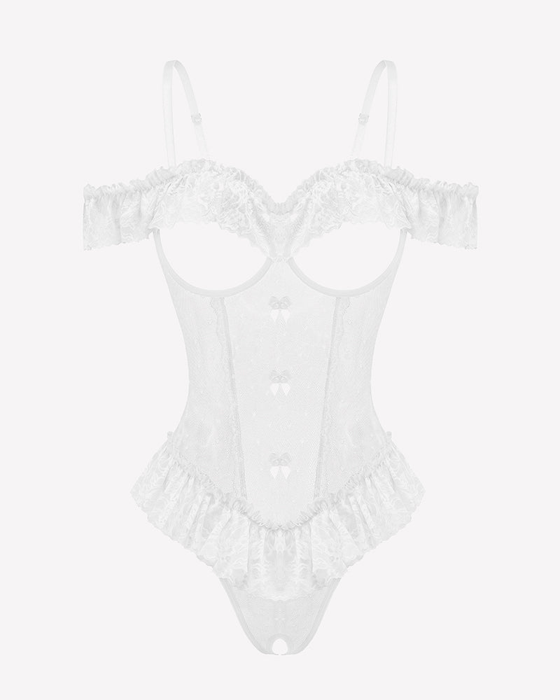 White lace lingerie bodysuit with V-neck, ruffled straps, and brief bottom