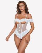 White lace off-shoulder bodysuit with cutout bust and ruffled hem