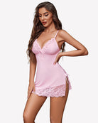 Pink lace-trim chemise nighty with V-neck lace cups and scalloped hem