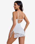 White lace-trim chemise nighty from the back with adjustable straps and lace hem