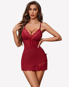 Lace-trim chemise nighty in deep red with lace cups and scalloped hem