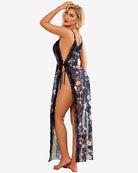 Navy floral lace mesh long nightdress with scalloped trim and side split