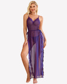 Purple lace mesh long nightdress with V neckline, sheer skirt, side slit