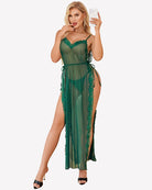 Green lace mesh long nightdress with V-neck lace trim and side split