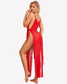 Red lace mesh long nightdress with lace trim and open side slit, spaghetti straps