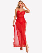 Red lace mesh long nightdress with V neckline and lace trim, side slit