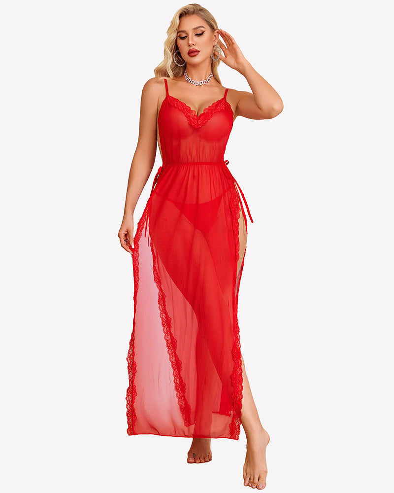Red lace mesh long nightdress with V neckline and lace trim, side slit
