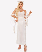 White lace mesh long nightdress with V neckline and flowing skirt, side slit